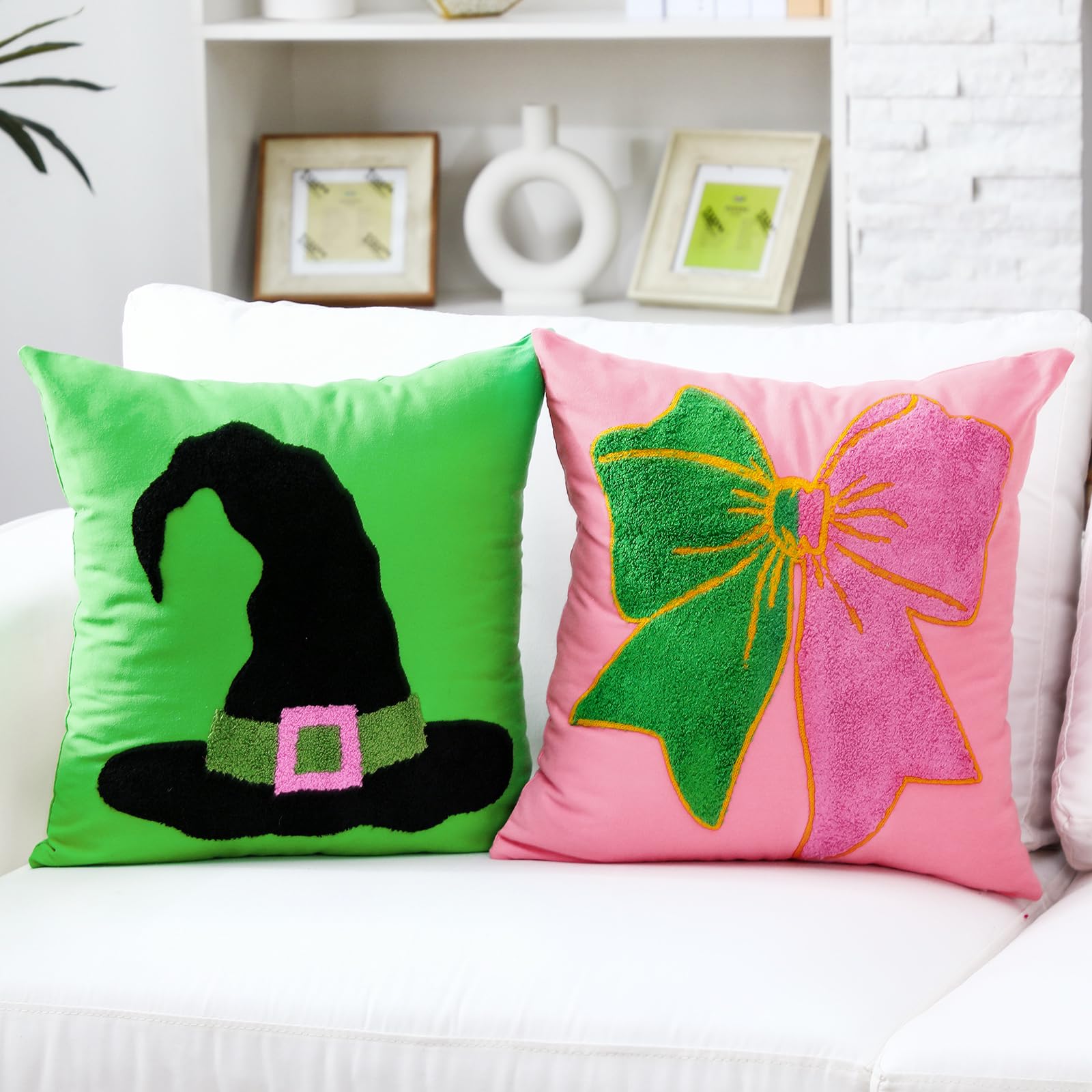 Cinnvoice 2 Pcs Pink and Green Pillow Covers Witch Embroidered Pillow Hat and Bow for Cute Birthday Gift Party Decorations