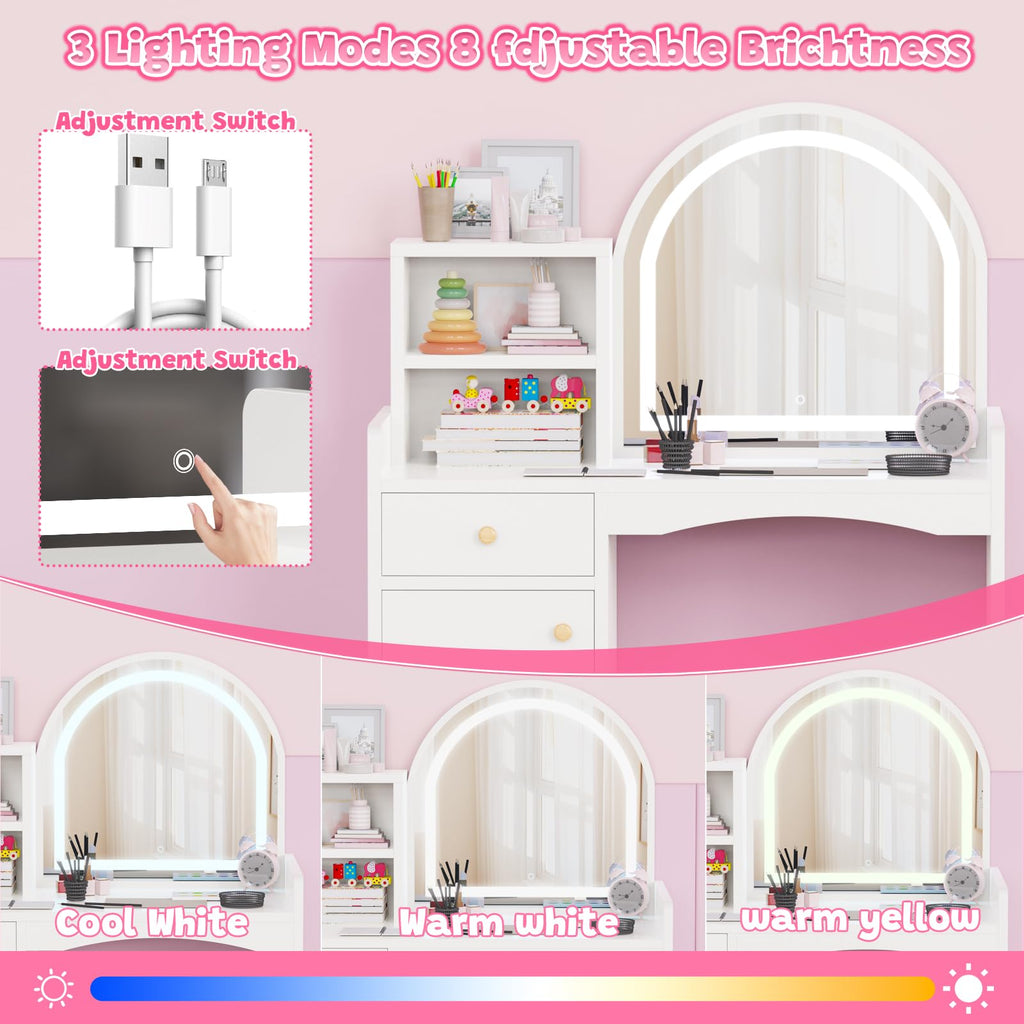 Zupemo Kids Vanity Table and Chair Set with Lighted Mirror, Toddler Vanity for Girls with Stool, Storage Shelves and Drawer, Little Girls Vanity Set with Mirror and Lights, White
