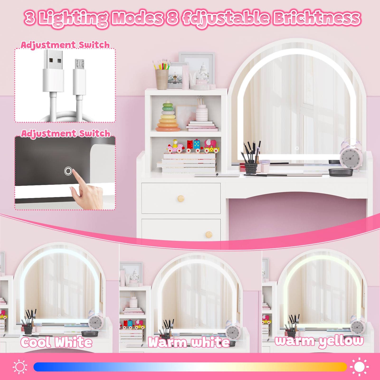 Zupemo Kids Vanity Table and Chair Set with Lighted Mirror, Toddler Vanity for Girls with Stool, Storage Shelves and Drawer, Little Girls Vanity Set with Mirror and Lights, White