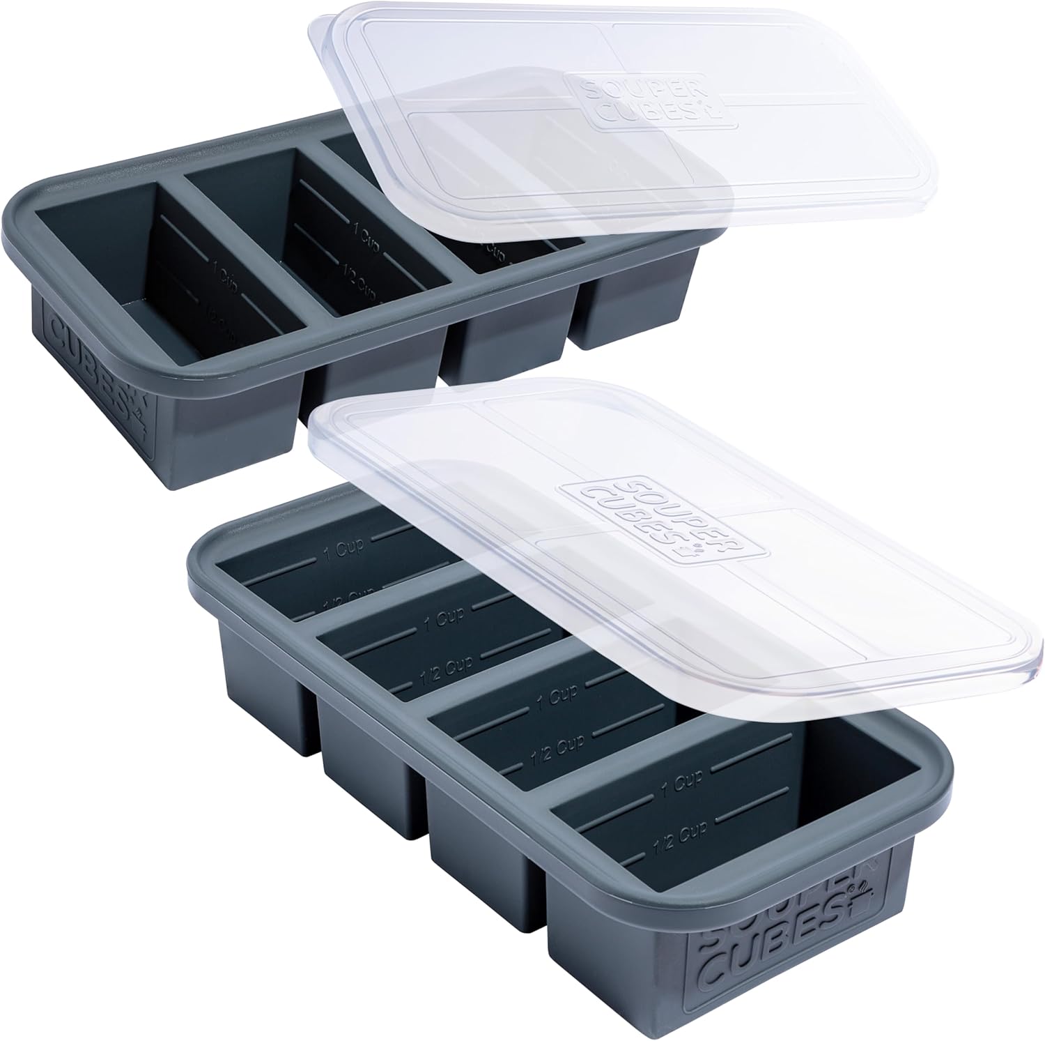 Souper Cubes 1 Cup Silicone Freezer Tray - Ideal for Broth, Leftovers & Meal Prep | Charcoal - 2-Pack