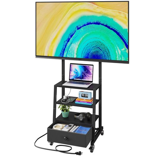 AFLUI Rolling TV Stand with Wheels and Mount & Fabric Drawer - Entertainment Center with Power Outlet and Small TV Stand for Bedroom, Living Room - 15" Black