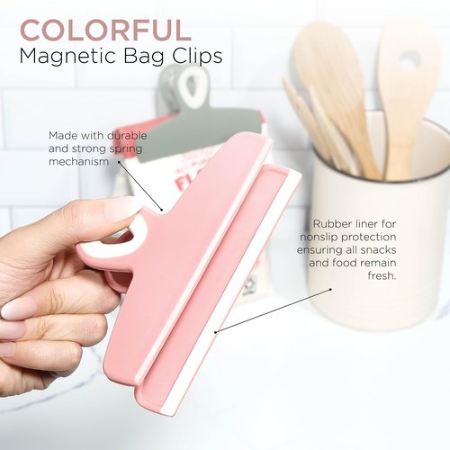 COOK WITH COLOR Bag Clips - Heavy Duty Chip Clip and Refrigerator Magnet Clips for Food Storage with Air Tight Seal Grip, Green and Pink, Pack of 8