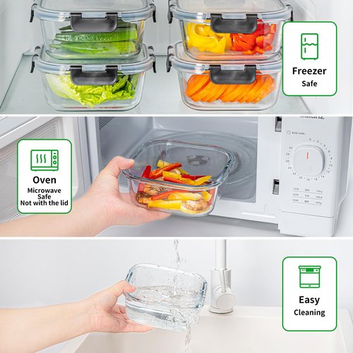 Hoenjuno 27 oz Glass Food Storage Containers with lids, 4 Pack Square Sandwich Containers/Box for Meal Prep, 3.3 Cup Glass Meal Prep Containers, Microwave, Oven, Freezer and Dishwasher, BPA-free