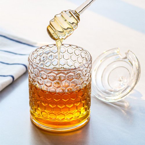 Iyulania Glass Honey Jar with Lid and Dipper, Honeycomb-Inspired Design Container, Heavy Honey Pot for Home Kitchen (10 oz)