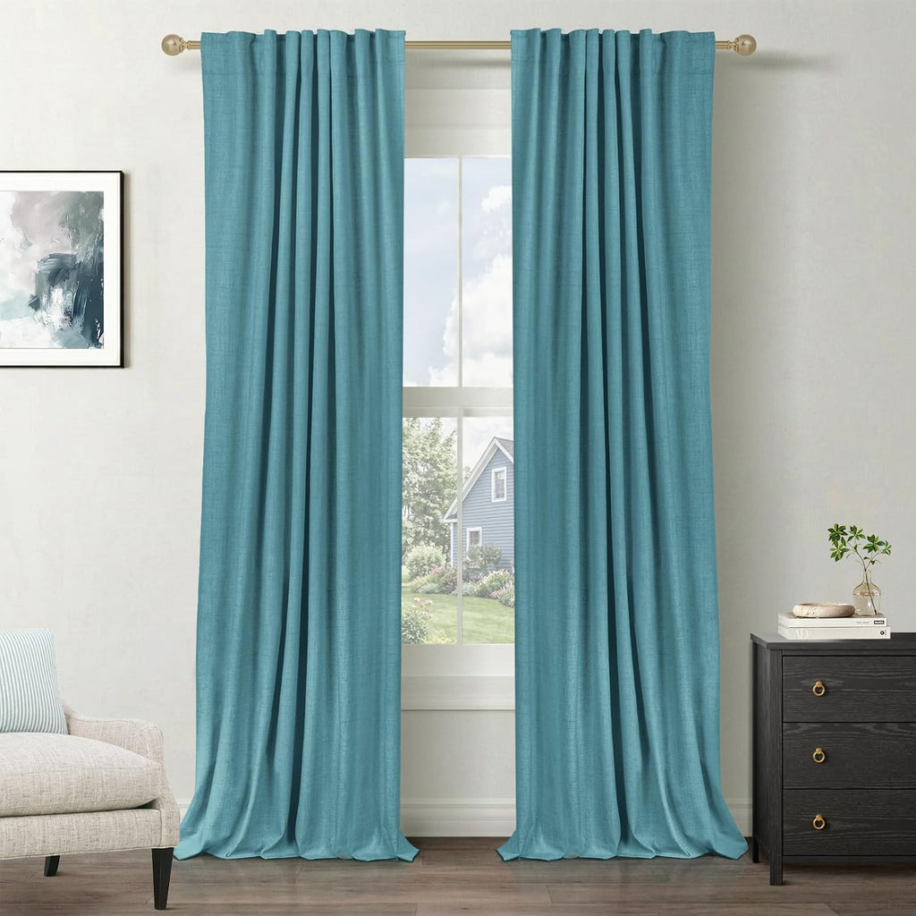Skiennix 100% Blackout Linen Curtains - Thermal Insulated Drapes, 2 Panels Set, 50" W x 108" L, Dark Cyan
