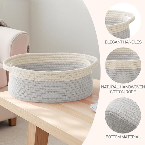 JMvicyroam Woven Storage Baskets - Small Rope Bins with Handles for Organizing Shelves | White & Grey, 2 Pack
