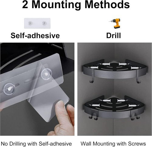 DUFU Adhesive Corner Shower Caddy - Rust Proof Aluminum Bathroom Organizer | No Drilling, 2 Pack (Black)