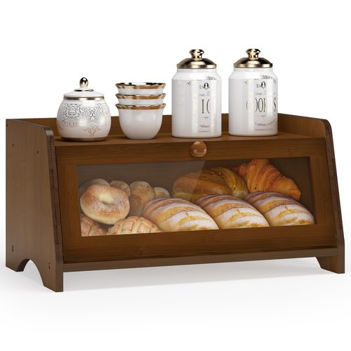 JANSNIMEN Vintage Bread Box for Kitchen Countertop, Large Bread Container Storage, Wooden Farmhouse Bread Box with Window Bread Holder (Brown)