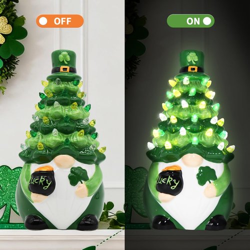 KnomeKo St Patricks Day Decorations, St Patricks Day Gnomes Ceramic Tree Lighted Gnome Leprechaun Decorations, Irish Shamrock Table Decor Gifts
