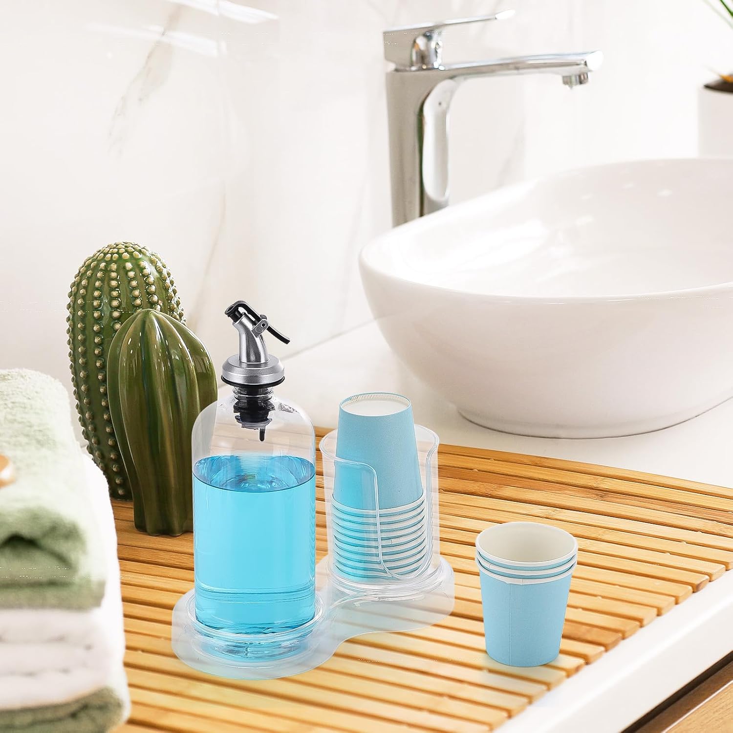 Tbestmax Mouthwash Dispenser - Clear Refillable Pump Bottle with Cup Holder & Tray | 16oz Bathroom Organizer