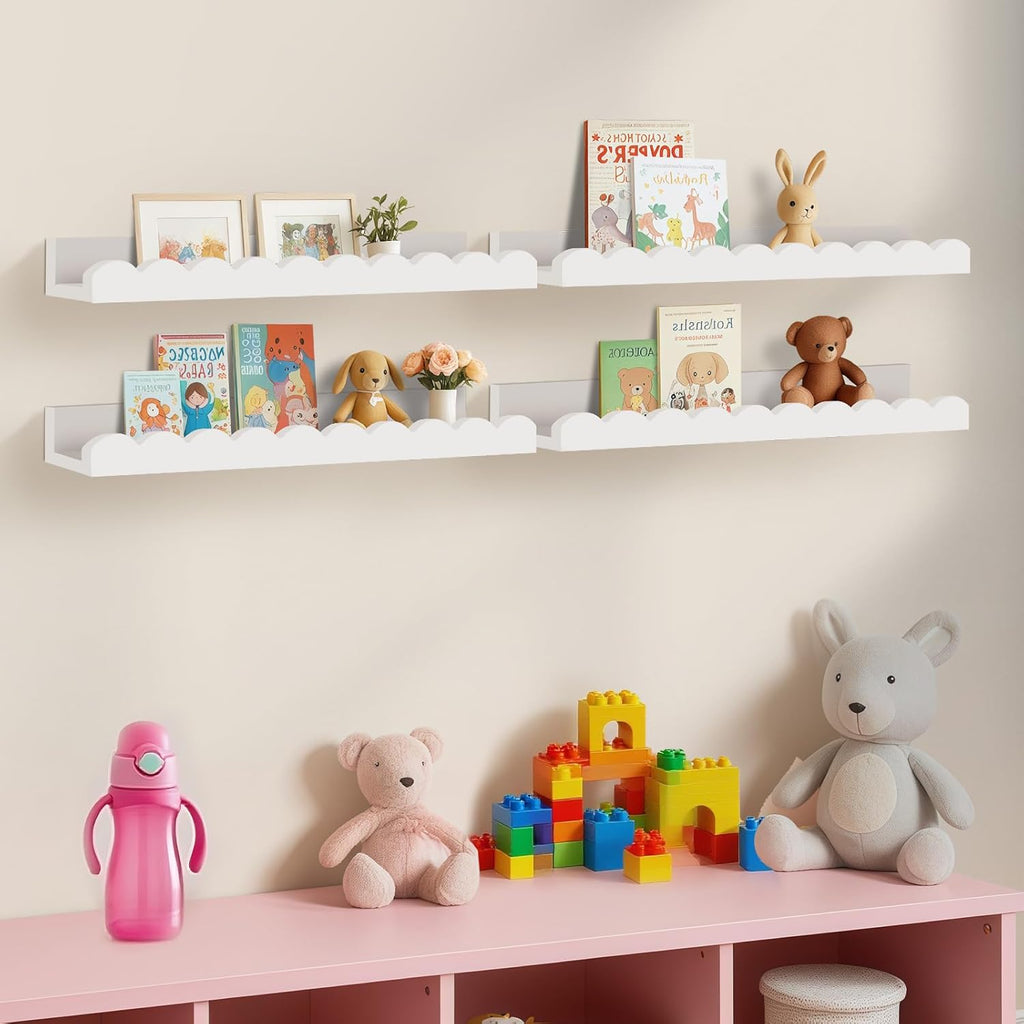 Yirilan 4-Pack Floating Nursery Shelves - Scalloped Design for Kids' Rooms | White Finish
