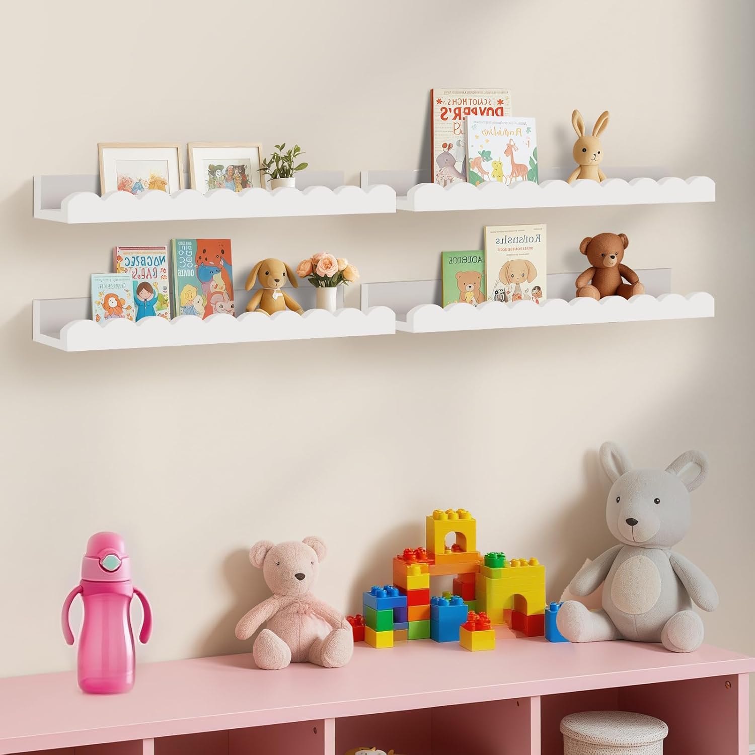 Yirilan 4-Pack Floating Nursery Shelves - Scalloped Design for Kids' Rooms | White Finish