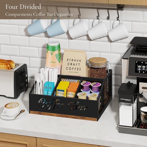 BCOZLUX Coffee Station Organizer, Rustic Brown Wooden Countertop Coffee Bar Accessories Organizer with Metal Mesh Compartments for Pods, Syrup, Cups, Stirrer, Tea