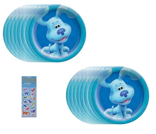 Blue's Clues Birthday Baby Shower Party Supplies Bundle includes 16 Dessert Cake Paper Plates and 1 Dinosaur Sticker Sheet