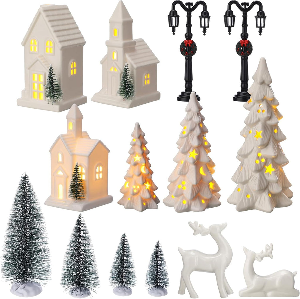 Nuogo 14-Piece Ceramic White LED Christmas Village Houses Set | Includes Tree & Reindeer Figurine