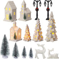 Nuogo 14-Piece Ceramic White LED Christmas Village Houses Set | Includes Tree & Reindeer Figurine