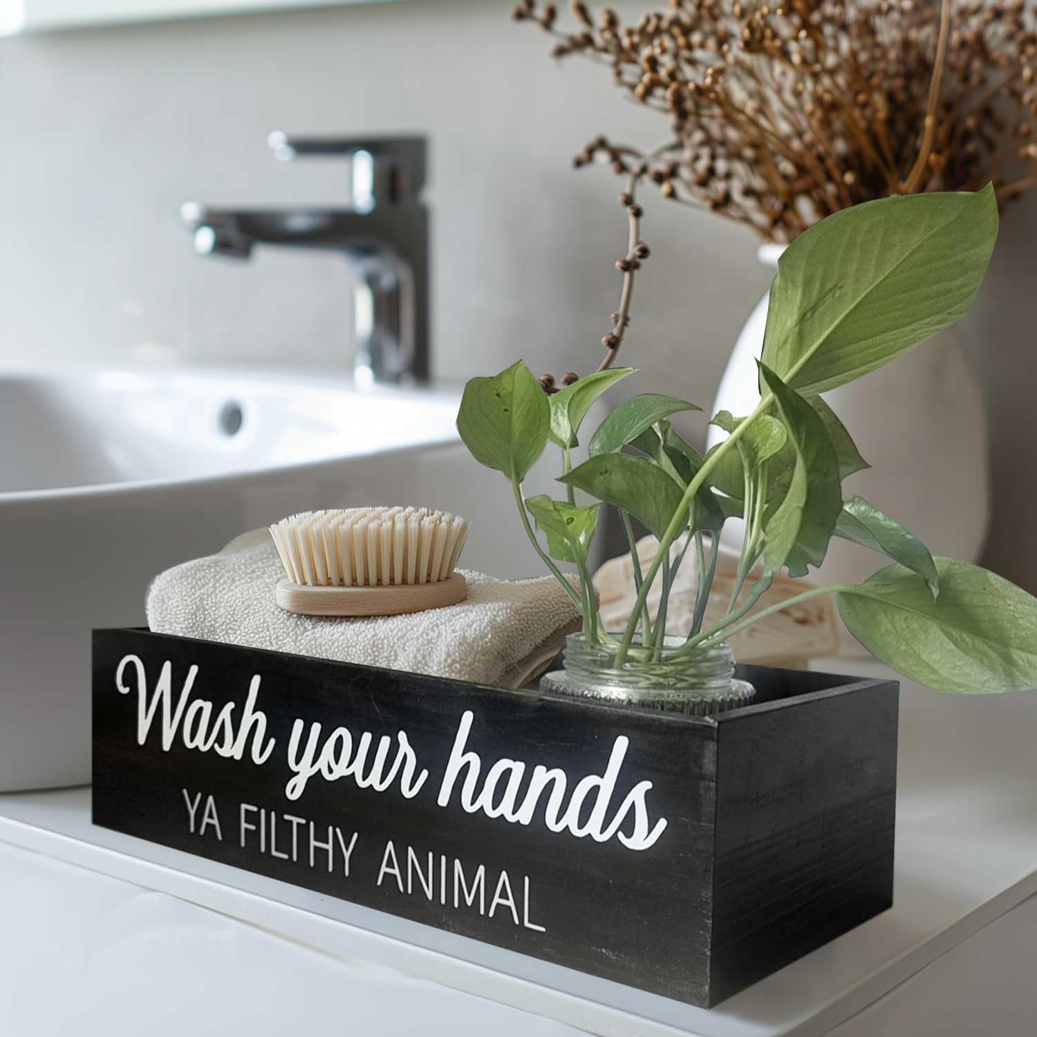 Skiennix Bathroom Decor Box - Rustic Toilet Paper Basket with Farmhouse Signs | Black Color