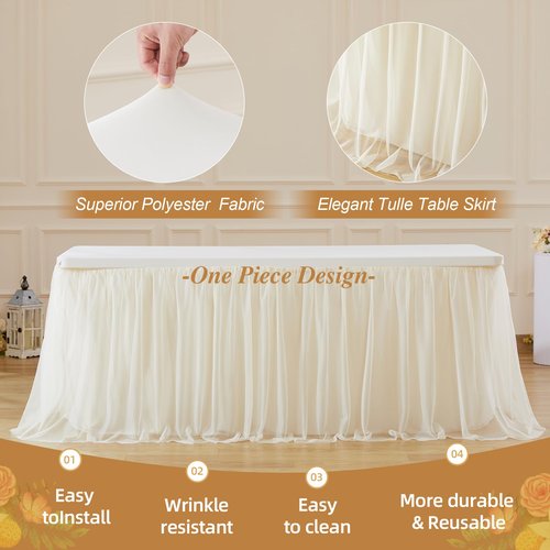 Wish Care 4 Pack Light Champagne Tulle Tablecloth for 6 Foot Rectangle Tables Ruffle Stretch Fitted Table Cloth Tutu Skirt Wrinkle Free Table Cover for Party Wedding Birthday Banquet Cake Tables Decor