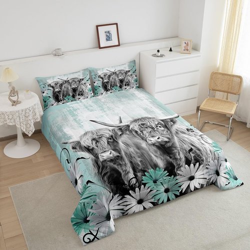 Erosebridal Highland Cow Twin Comforter Set,Western Longhorn Bull Bedding Set for Kids Adults,Farmhouse Animal Print Comforter Soft Breathable,Teal Daisy Floral Bedroom Room Decor,1 Pillowcase