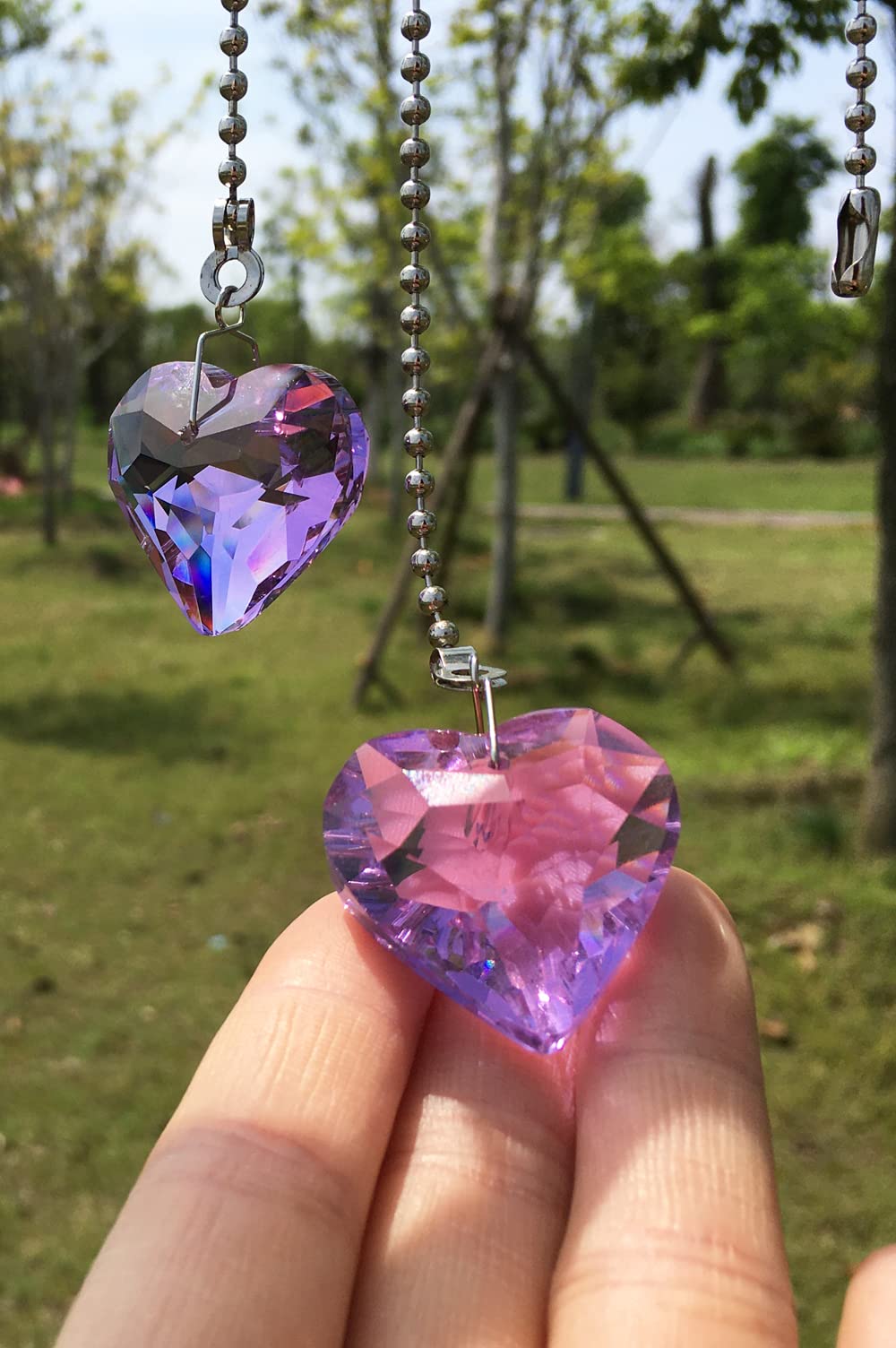 OMYZERO 2Pcs 12inch Crystal Heart Prisms Pendant Ceiling Fan Pull Chain Extender with Ball Chain Connector (Purple)