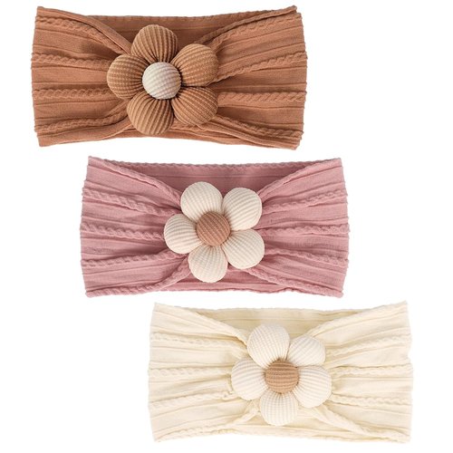 MIUXUESO Baby Flower Headbands - Soft Nylon Hair Accessories for Newborns & Toddlers | 3 Pcs Set (Yellow, Pink, Brown)