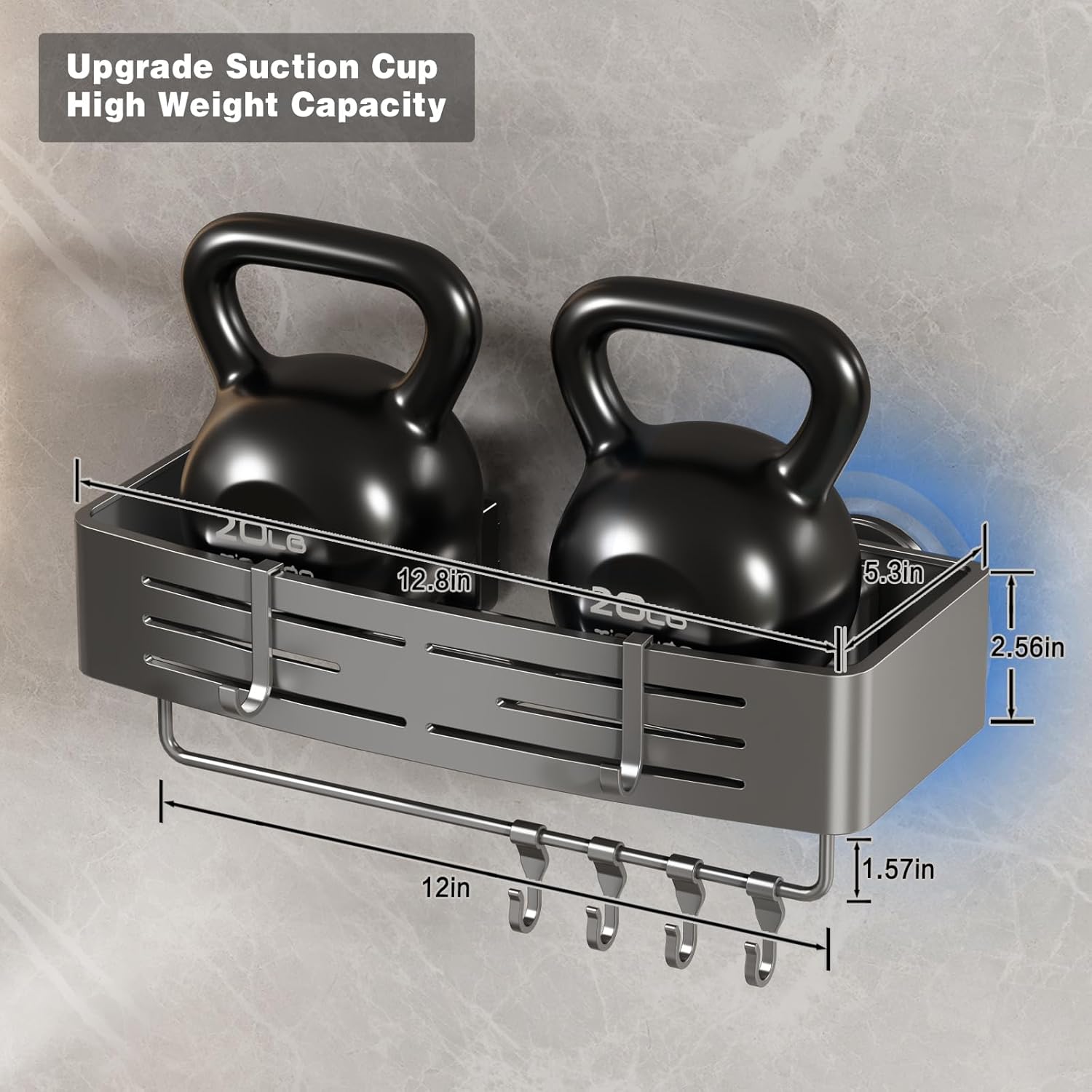 Voldra Shower Caddy - No-Drill Suction Cup Organizer with Towel Bar & Hooks | 2 Pack Gray Shelves