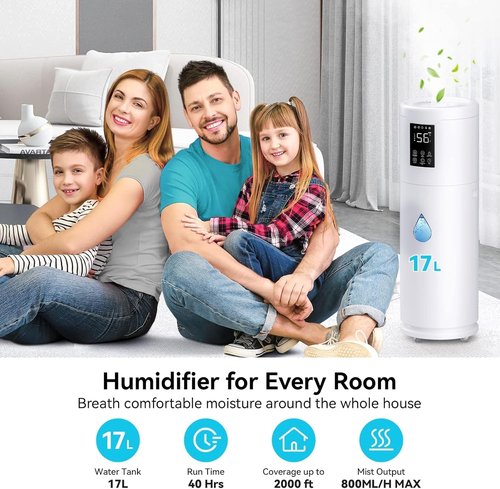 Humidifiers | Large 17L/4.5Gal Humidifier for Home & Office - 360° Nozzle & 4 Speed Mist