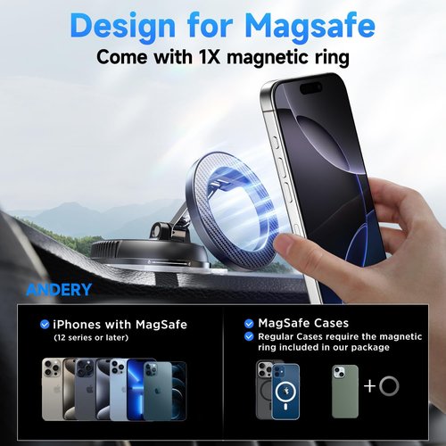 ANDERY Car Phone Holder - MagSafe Compatible | 2400gf Magnetic Grip & 360° Adjustable Mount for iPhone 17-12 Pro Max Plus, Carbon Fiber