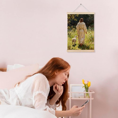 MKIJUHB Jesus Wall Art - Framed Christian Canvas Print of Jesus and Lamb | 12x16 Inch Decor for Home & Church