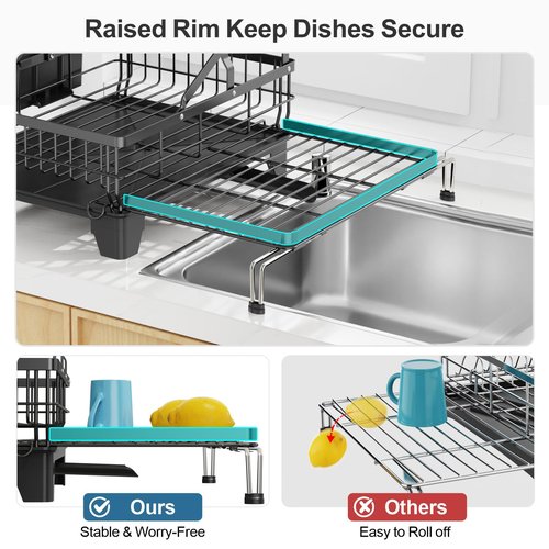 GSlife Large Dish Drying Rack 2 Tier, Expandable Kitchen Dish Drainer for Pots and Pans, 360° Swivel Spout, Rust-Resistant Metal Dish Rack with Utensil & Cup Holder, 16.9" W x 14.4"-22.4" L, Black