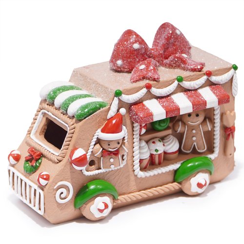Hodao Gingerbread Sweets Truck Figurine – Resin Christmas Decorations for Home, Indoor Tabletop Decor, Candy & Cupcake Details, Cute Holiday Ornaments, Mini Collectible Gift for Families
