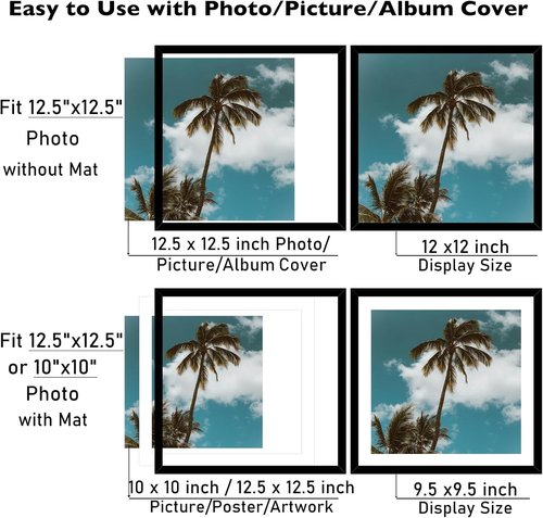 JCJMY Vinyl Record Frame - 12.5x12.5 with 10x10 Mat for Album Covers | Wall Hanging, Black Plexiglass
