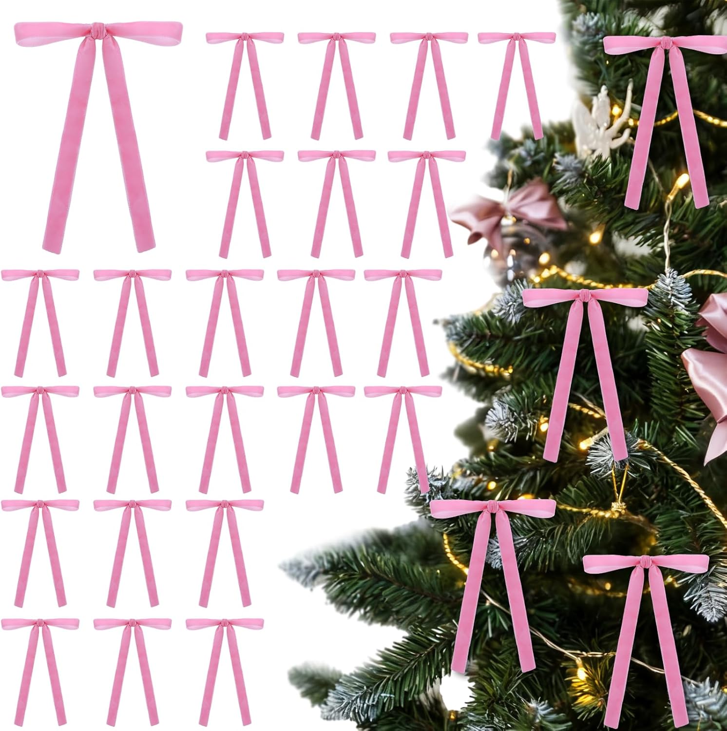 Regine Switzerland Velvet Bows - 24 Pcs Christmas Tree Ornaments | Pink Decorative Bows for Home & Weddings (5 x 7 Inch, 5/8" Width)