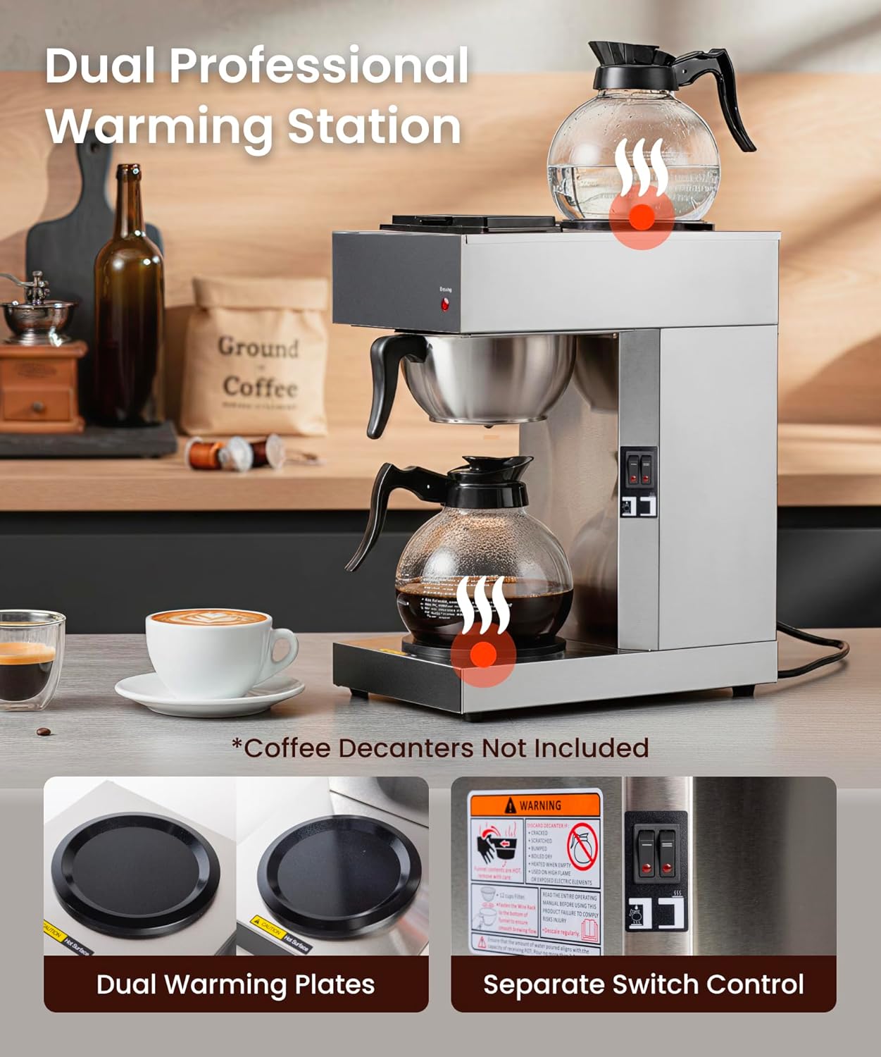 SYBO 12-Cup Coffee Maker - Commercial Pour Over Brewer with Dual Warmers & Stainless Steel Design