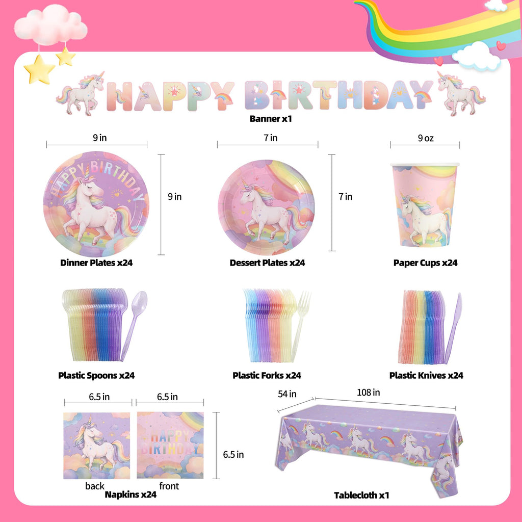 Zotmala Birthday Party Supplies Kit for 24 Guests, 170 Pcs for Unicorn Birthday Decorations, Includes Dinner & Dessert Plates, Napkins, Cups, Cutlery, Banner and Tablecloth