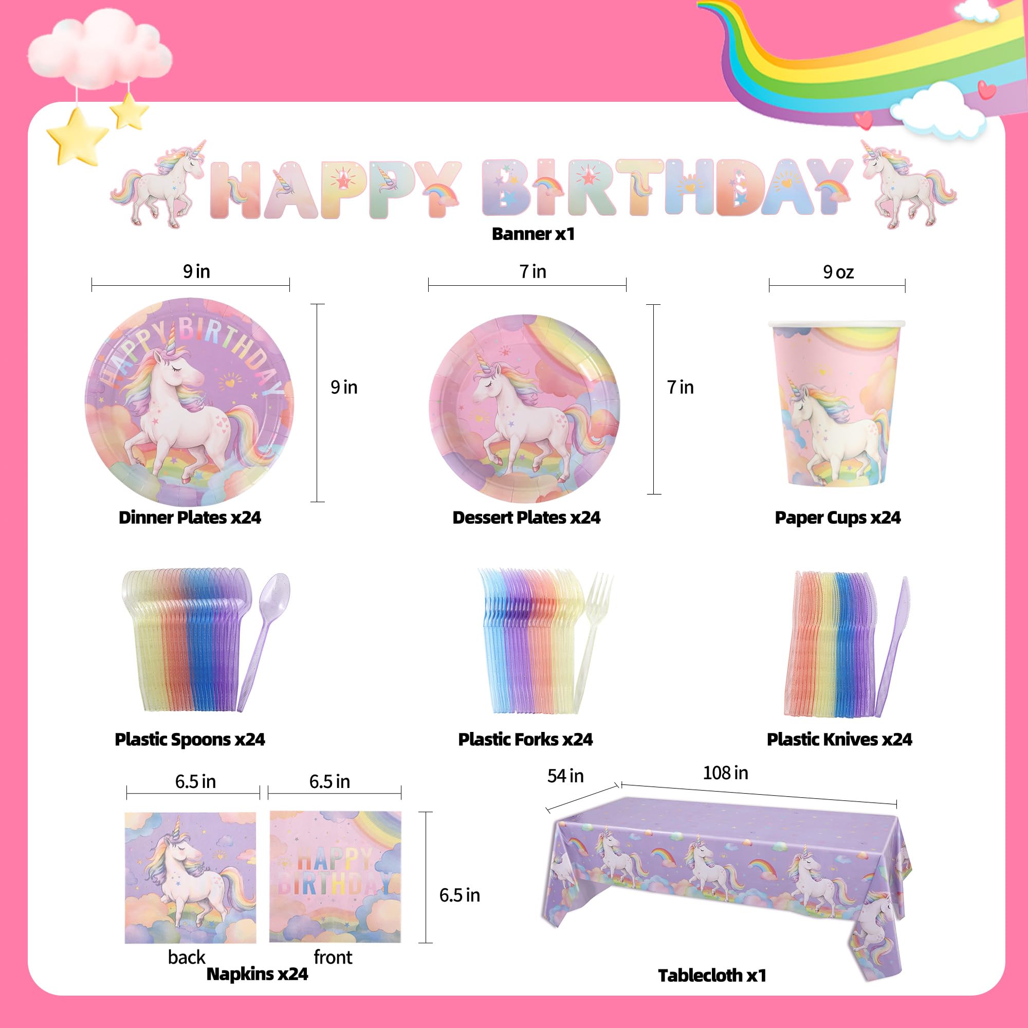 Zotmala Birthday Party Supplies Kit for 24 Guests, 170 Pcs for Unicorn Birthday Decorations, Includes Dinner & Dessert Plates, Napkins, Cups, Cutlery, Banner and Tablecloth