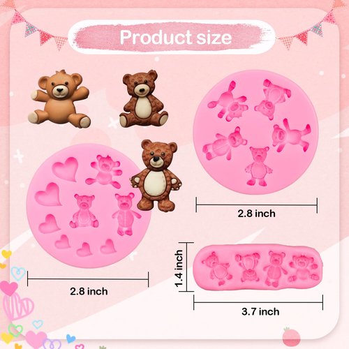 MEMOVAN Bear Silicone Fondant Mold 3pcs Bears Candy Chocolate Molds For Teddy Bear Cake Decoration Cupcake Topper Polymer Clay Resin Epoxy Gum Paste Mold