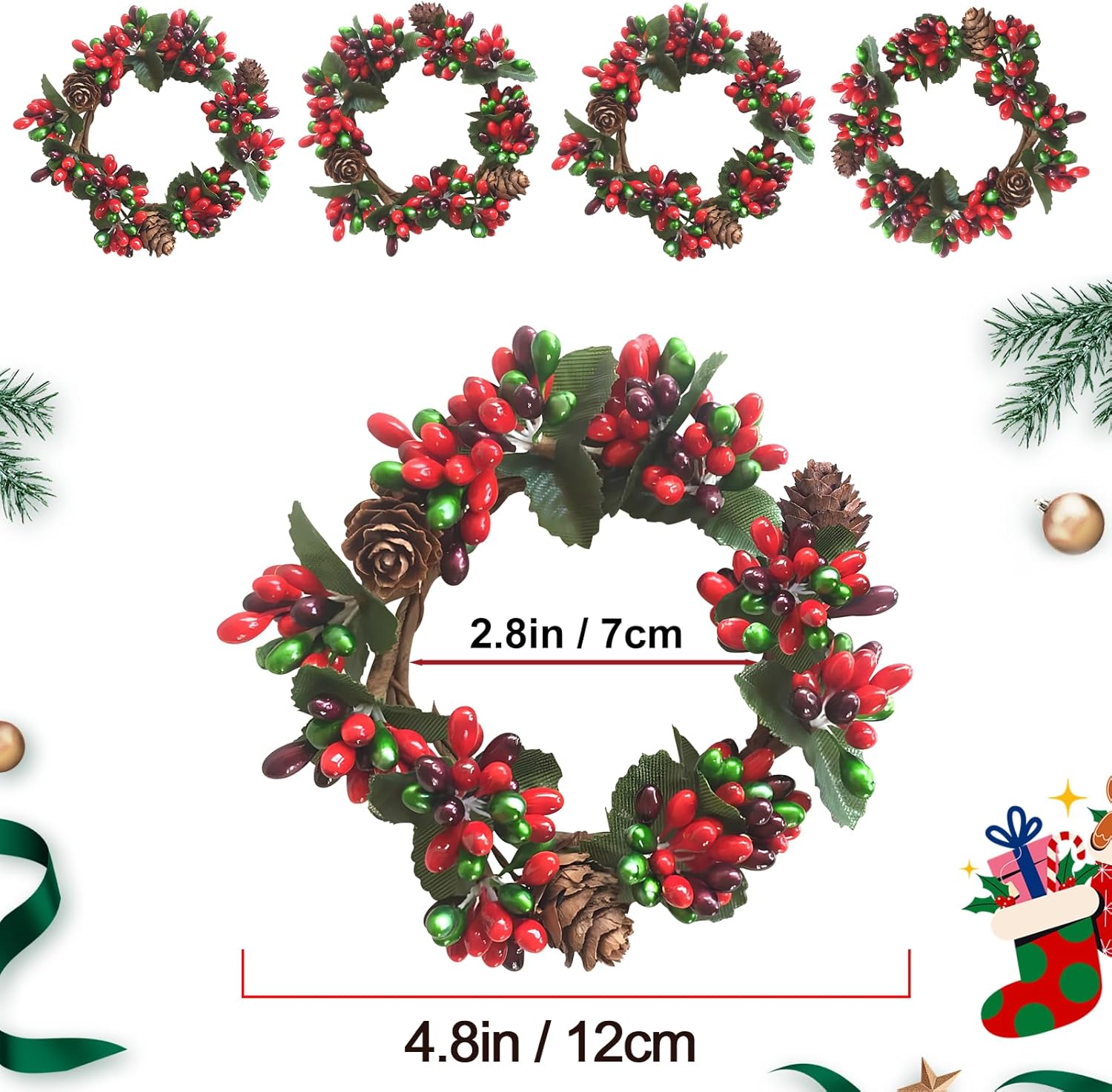 Skiennix Mini Christmas Candle Rings - Red Berry Pinecones & Artificial Berries | Perfect for Holiday Decor