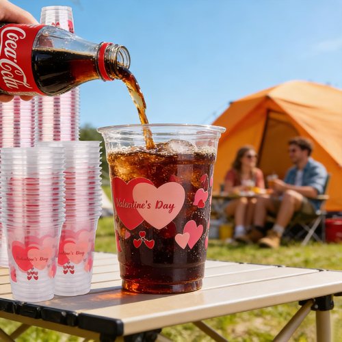 DEALIGHT 50 Pcs 12oz Valentine's Day Plastic Cups Clear Disposable Cups with Pink Hearts | Valentine Party Cups, Galentine's, Party Supplies, Bulk Drinkware