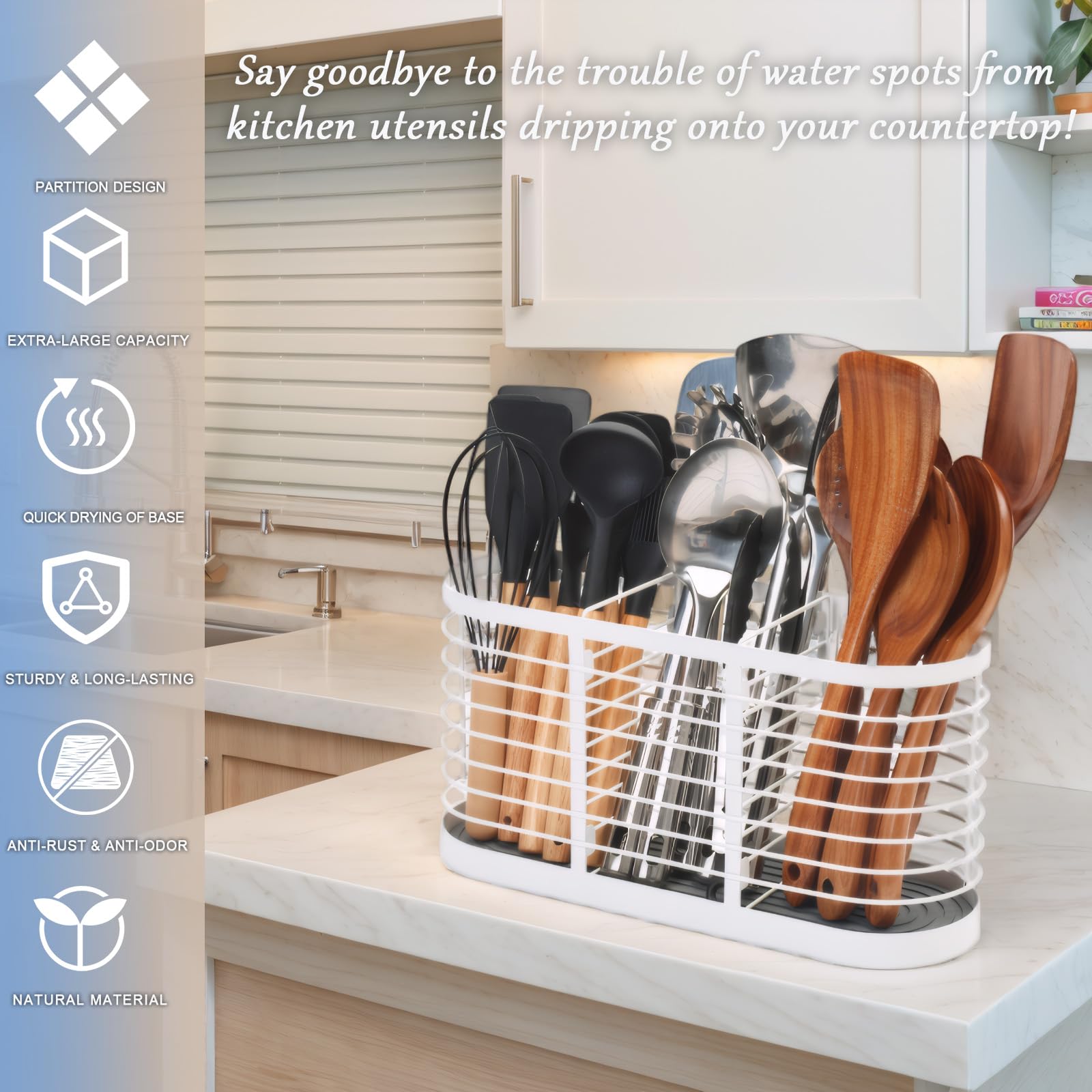 usewry Large Utensil Holder for Kitchen Counter - Cooking Utensil Holder Organizer with Diatomaceous Earth Base - Prevents Water Buildup and Dries Instantly, Kitchen Holder for Cooking Utensils