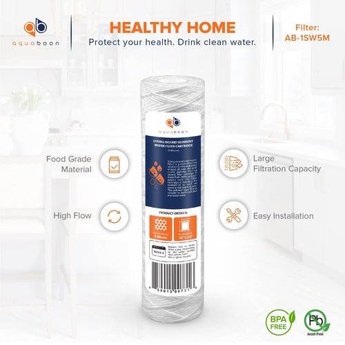 Aquaboon Whole House 5 Micron 10 x 2.5 String Wound Sediment Water Filter Cartridge Replacement Compatible with Well Water Filter WHKF-WHSW, 25-Pack