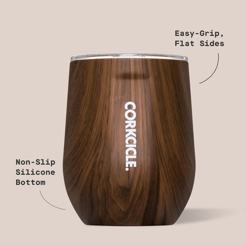 Corkcicle Stemless Insulated Wine Glass Tumbler - Keeps Beverages Cold 6 Hrs Hot 3 Hrs - Stainless Steel - Easy-Grip - Summer Drinkware Gift - Keeps Drinks Ice Cold - 12 oz - Walnut Wood