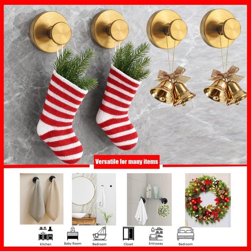 Ornament Hooks,Upgraded Suction Cup Hooks, Wreath Hangers for Front Door, Towel Racks, 2 in 1 Mantle Hanger, No Drill Garland Fireplace Stocking Hanger, for Christmas, Holiday, New Year(Gold, 2)