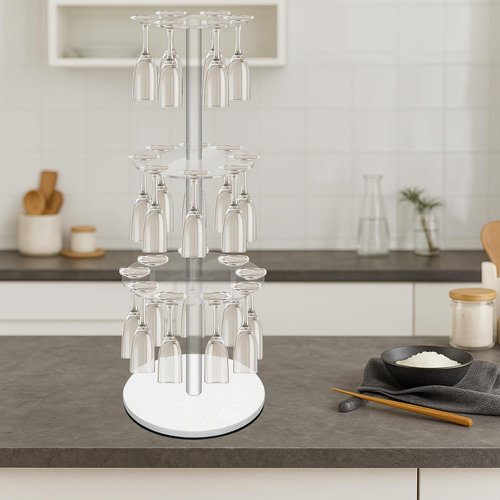 Verssure Champagne Tower with Marble Base,23 Slots Champagne Display Rack Designed for Serving and Drying,3-Tier Cocktail Tree Stand for Drinks,Round Champagne Holder for Wedding and Party (White)