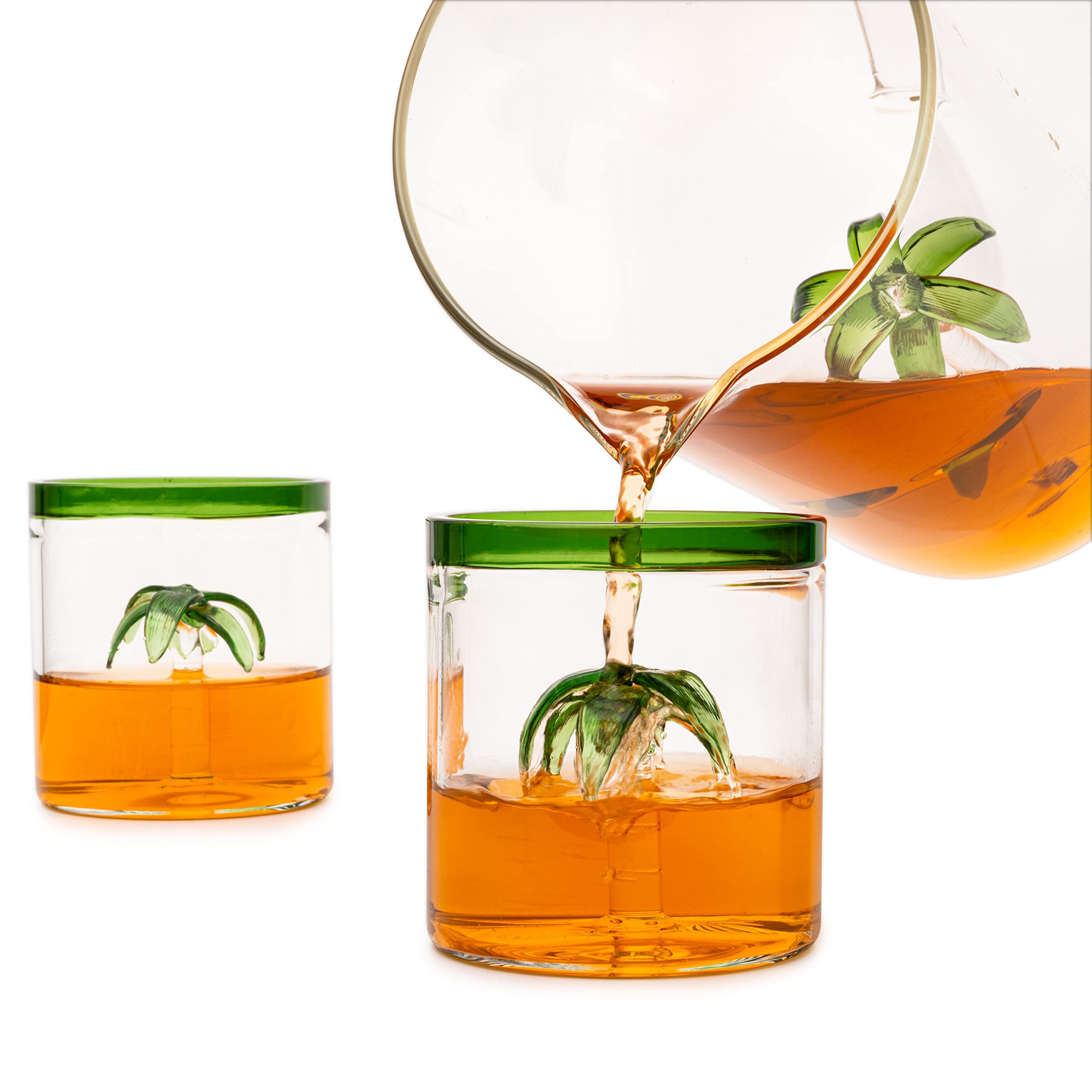 Palm Tree Pitcher & 4 Glasses Set Decanter with 4 Glasses 9oz by The Wine Savant - Elegant Glass Set, Great for Water Iced Tea, Sangria, Lemonade, and More! 1300ml 9" H