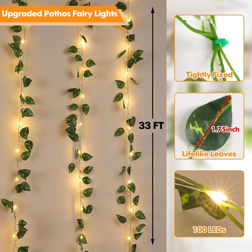 Lakumu Fairy Lights - 33ft 100 LED Pothos String Lights with Timer | Battery Operated & Rechargeable, Warm White