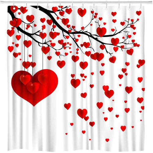 Red Love Heart Shower Curtain TreeFallen Heart Sweet Love Romantic Couple Woman Girl Valentine's Day for Bathroom Polyester Curtains Set with Hooks 70x70 Inch