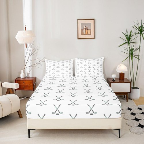 Feelyou Ice Puck Sports Game Sheets Set for Kids - Ice Hockey Bedding Set with Deep Pocket Fitted Sheet - Queen 4Pcs