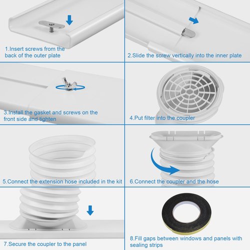 Ninonly Portable Air Conditioner Window Vent Kit with 5.9"" Exhaust Hose, Portable AC Seal Kit for Sliding Window with 4 Plates, Universal Coupler Fits 5.9 & 5.1 Inch Diameter Exhaust Hose, White