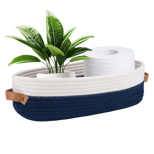 Hapforever 1 Pack Small Woven Storage Basket for Toilet Tank Top, Bathroom Countertop Organizer Cotton Rope Toilet Paper Storage Decorative Basket 13"x6"x4"(Navy/White)